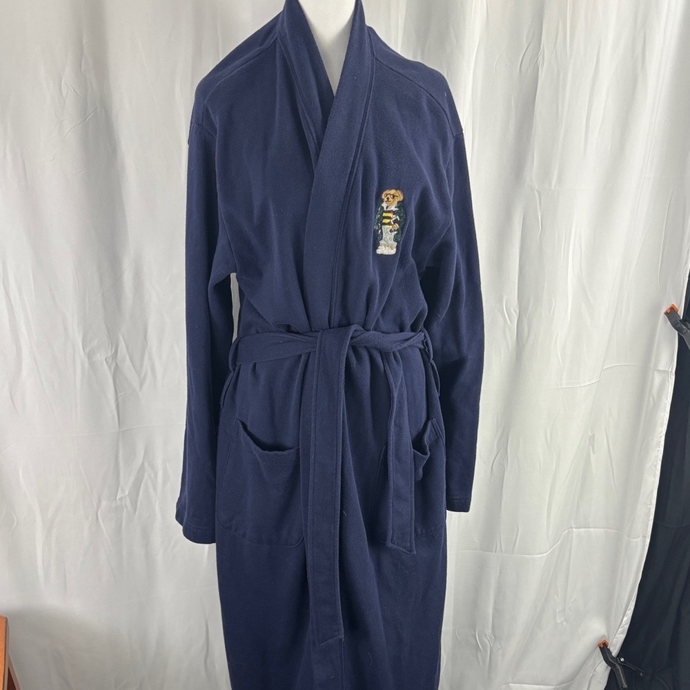 Navy Blue Fleece Robe with Embroidered Bear